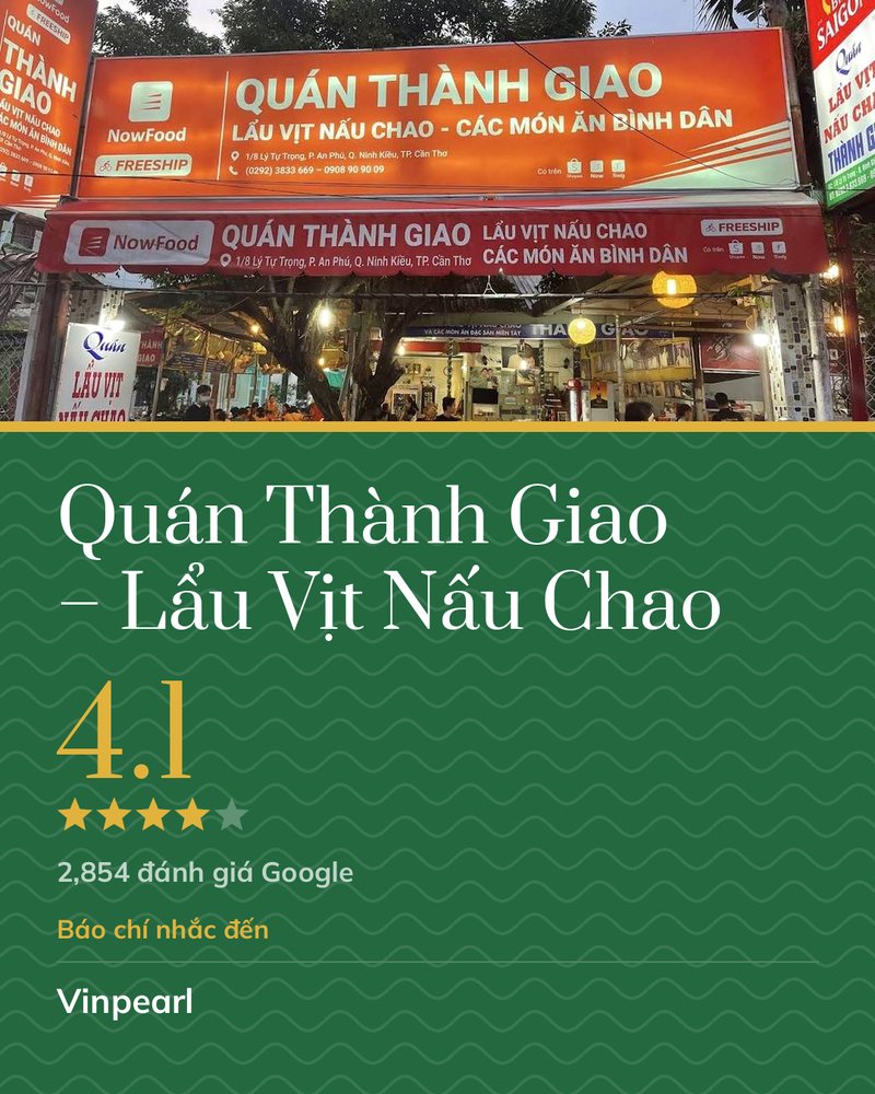 Quán Thành Giao – Lẩu Vịt Nấu Chao · Google 4.1 ★ · 2,854 đánh giá Google · Báo chí nhắc đến: Vinpearl · mia.vn · Địa điểm ăn uống